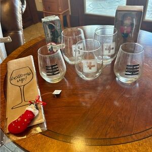 Stemless Wine Glasses, Wine Stoppers, Wine bags and Christmas ornament